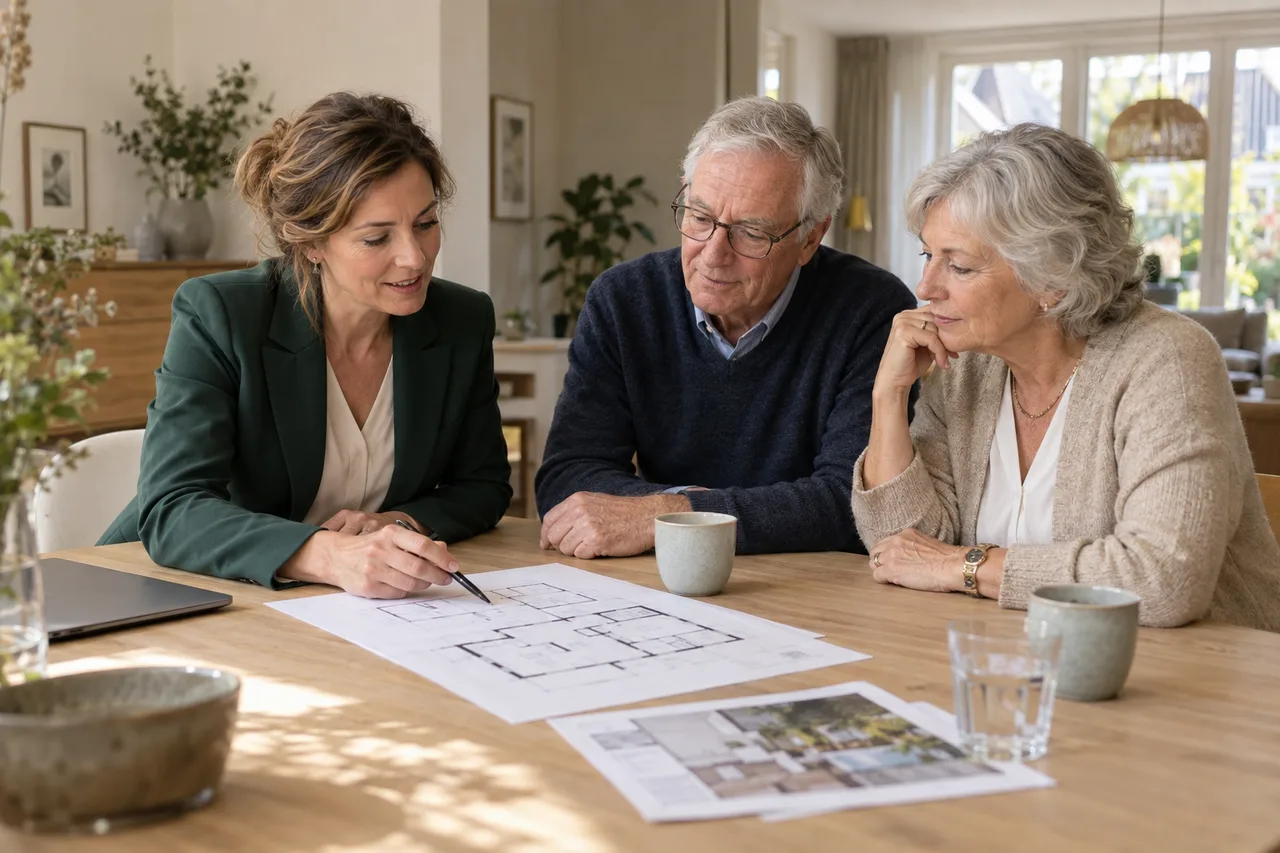 Een adviseur bespreekt rustig de mogelijkheden met een ouder stel aan tafel